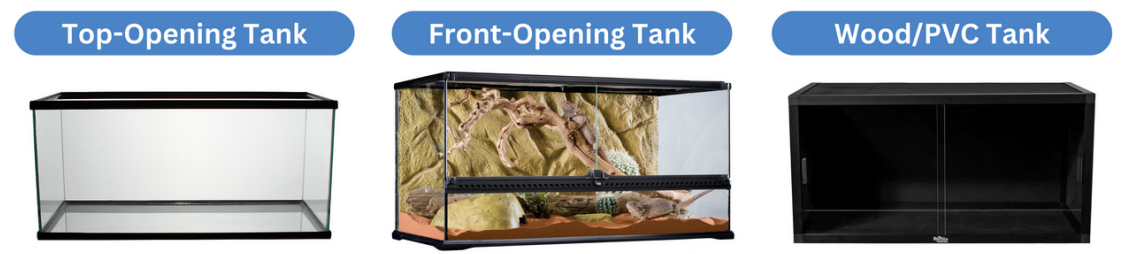Terrarium types: top-opening, front-opening, wood/pvc